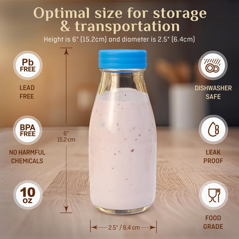 Hayley Cherie 10 oz Glass Milk Bottles with Lids & Straws (9 Pack) Small Airtight Glasses with Caps, Reusable Juicing Bottles for Yogurt, Water, Juice, Smoothies, Drinking, Kids Lunch, Mini Vintage Jars, Container - Image 3